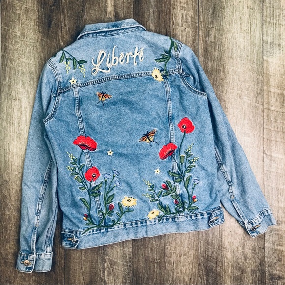 H&M Jackets & Blazers - H&M Embroidered Liberte Garden Denim Jacket Size 6